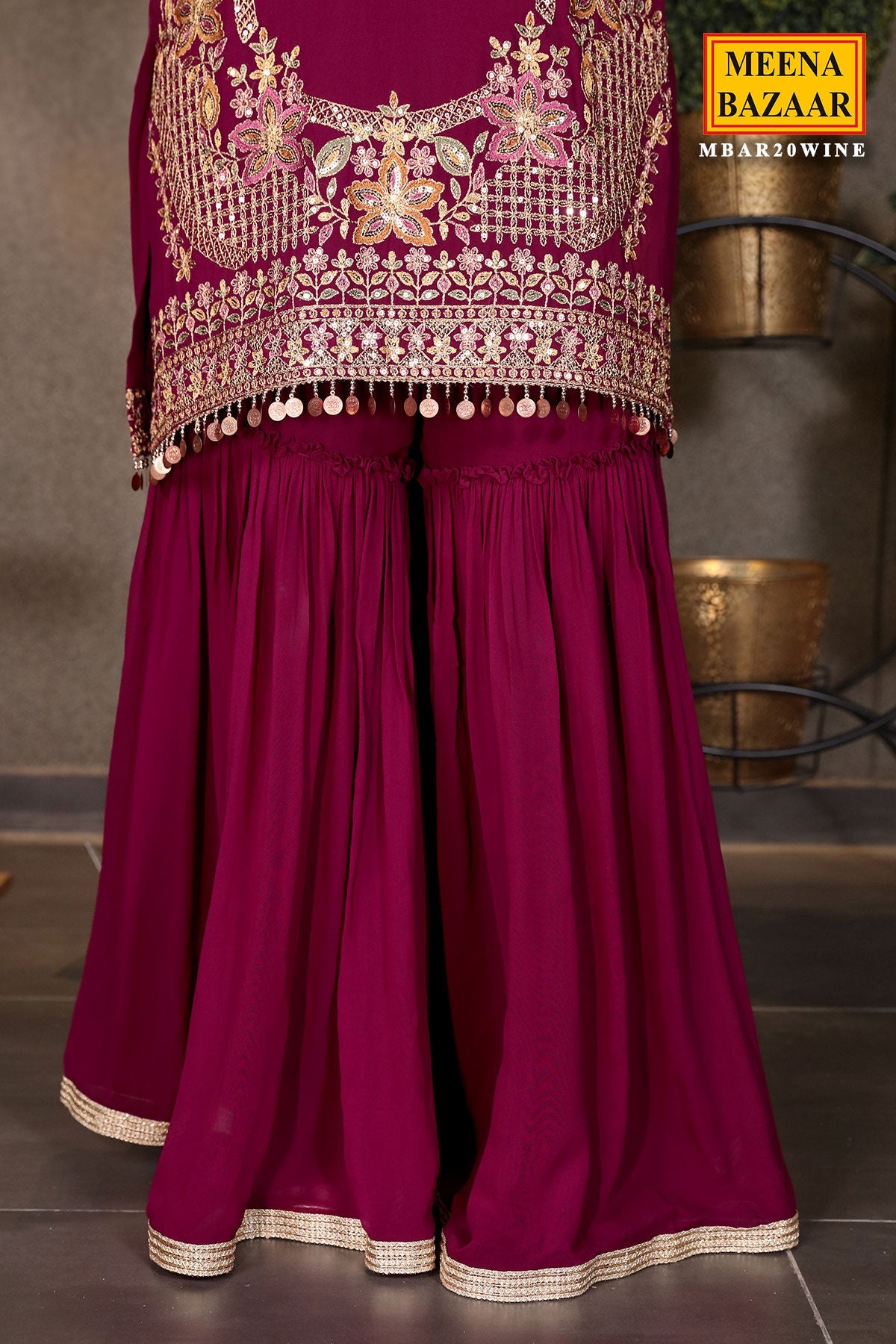 Wine Georgette Swarovski Embellished Thread Embroidered Sharara Suit