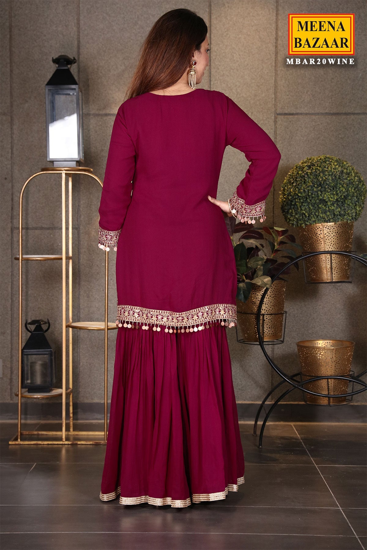 Wine Georgette Swarovski Embellished Thread Embroidered Sharara Suit