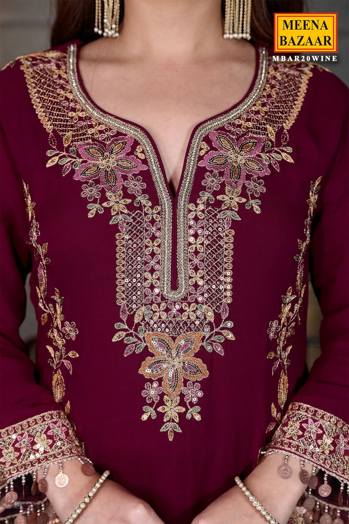 Wine Georgette Swarovski Embellished Thread Embroidered Sharara Suit