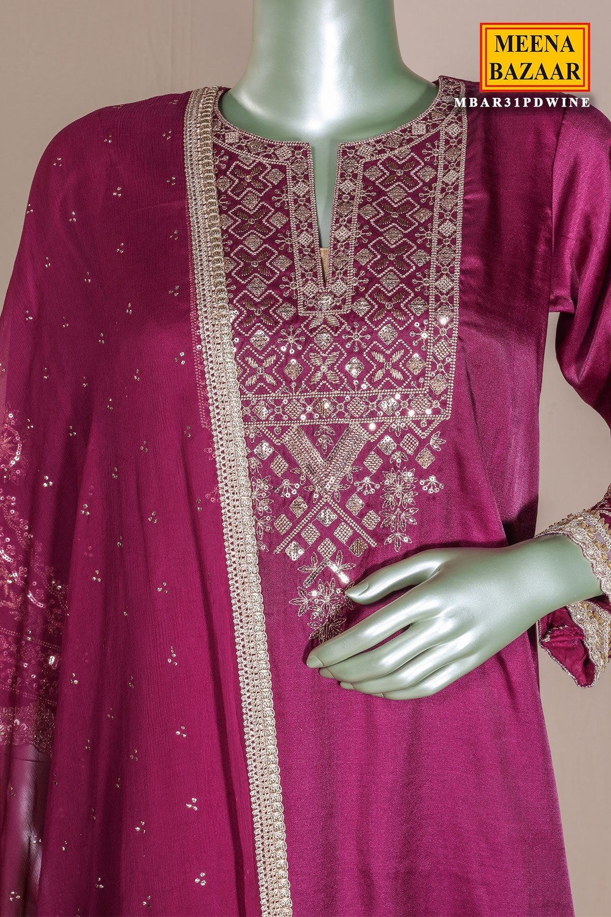 Wine Silk Ready Made Suit with Intricate Embroidery