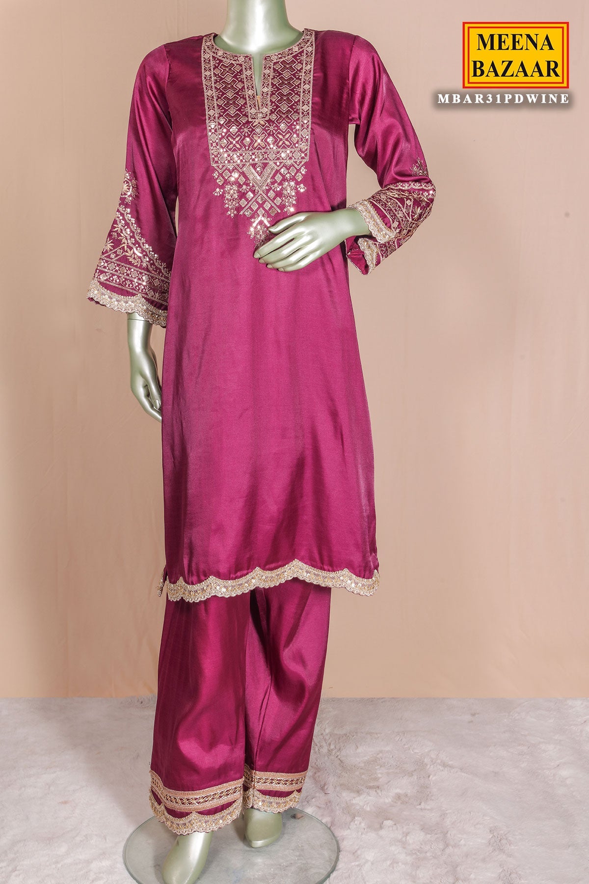 Wine Silk Ready Made Suit with Intricate Embroidery