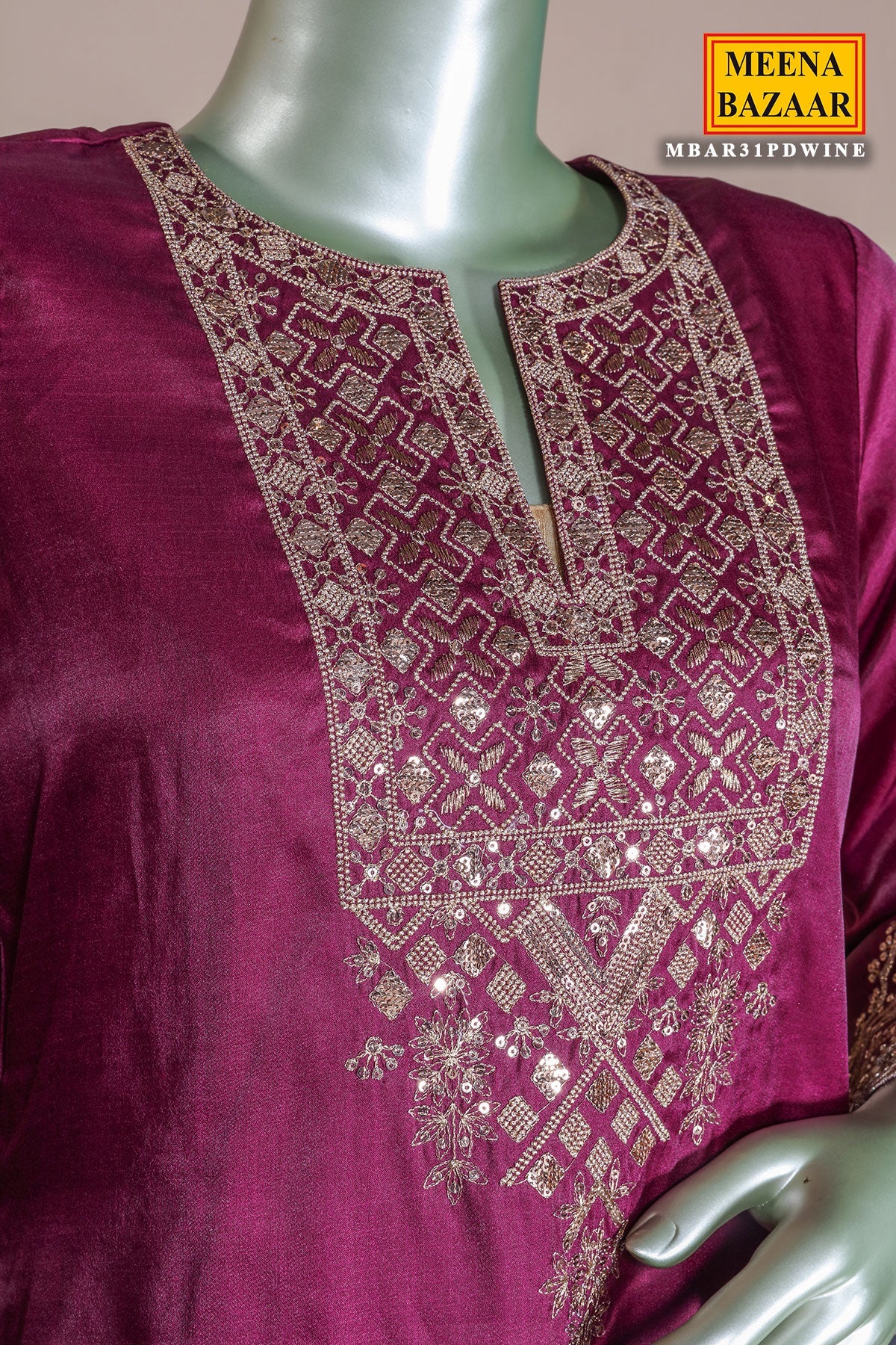 Wine Silk Ready Made Suit with Intricate Embroidery
