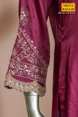 Wine Silk Ready Made Suit with Intricate Embroidery