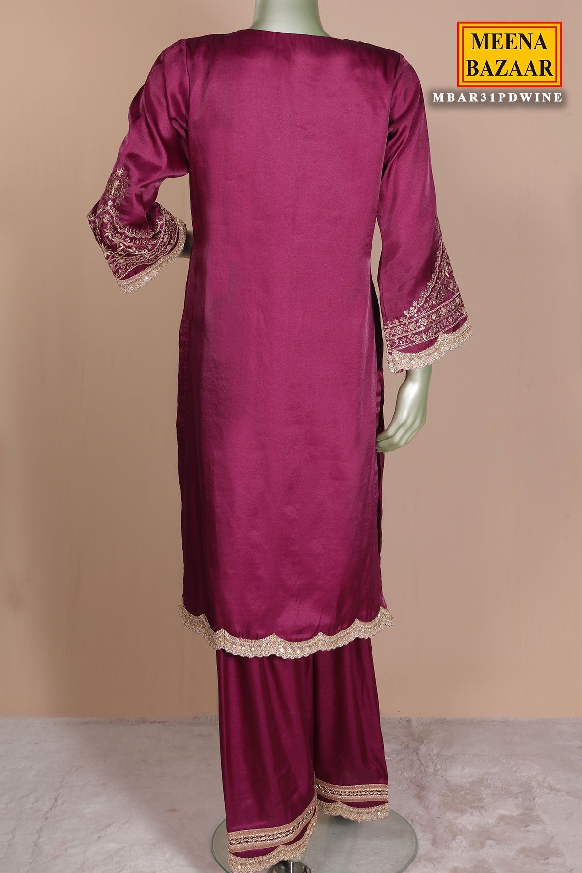 Wine Silk Ready Made Suit with Intricate Embroidery