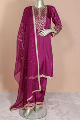 Wine Silk Ready Made Suit with Intricate Embroidery