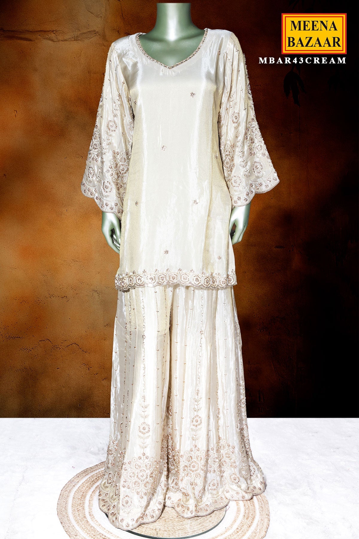 Cream Tissue Ready-Made Suit with Handcrafted Sequins & Cut Dana Work