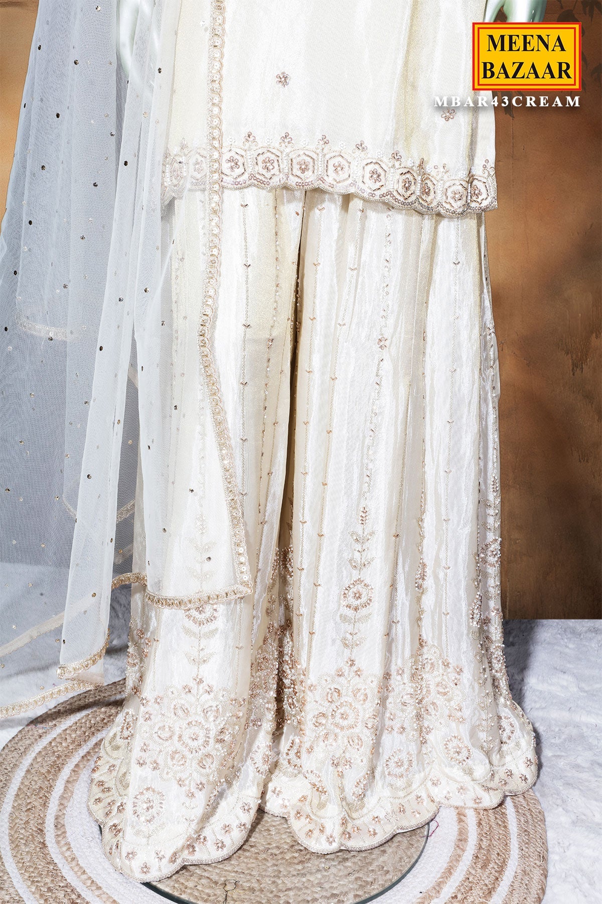 Cream Tissue Ready-Made Suit with Handcrafted Sequins & Cut Dana Work