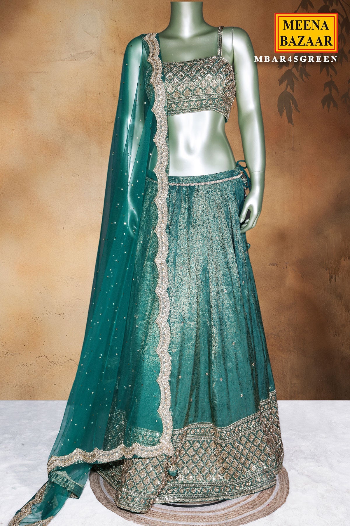 Green Silk Lehenga with Cut Dana, Zari & Sequin Work