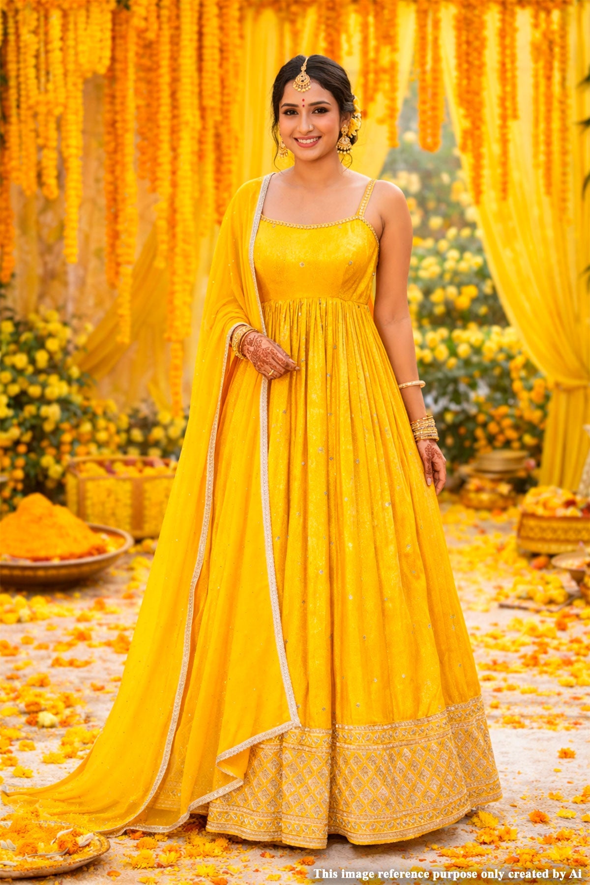 Mustard Silk Ready-Made Gown with Zari, Embroidery & Cutdana Work