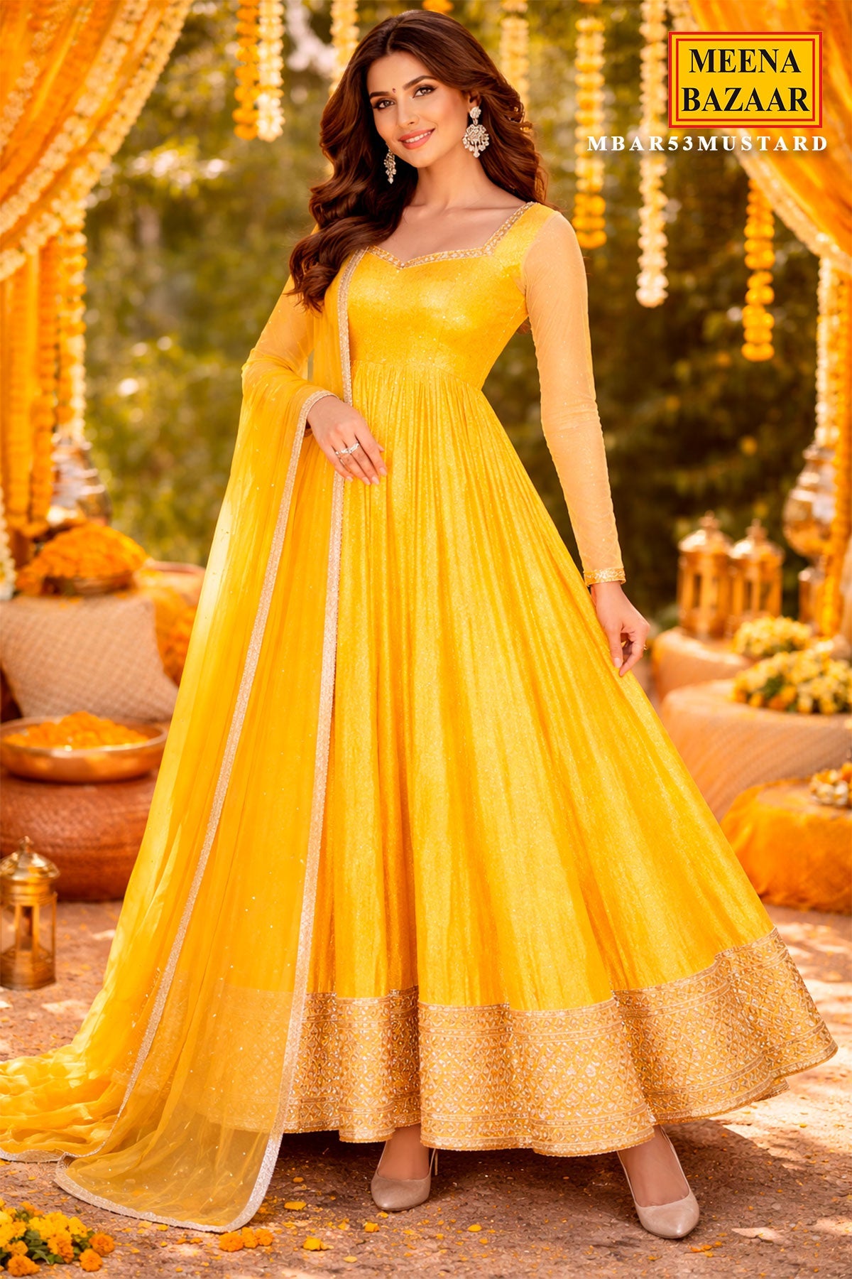 Mustard Silk Ready-Made Gown with Zari, Embroidery & Cutdana Work