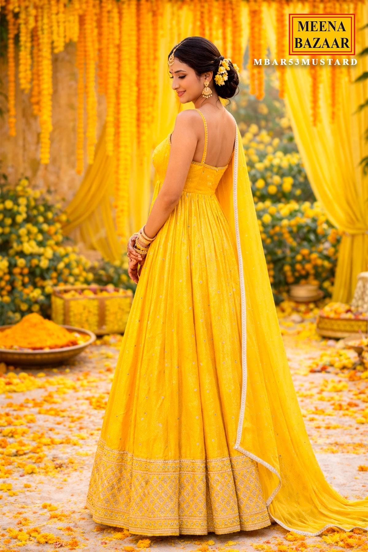 Mustard Silk Ready-Made Gown with Zari, Embroidery & Cutdana Work