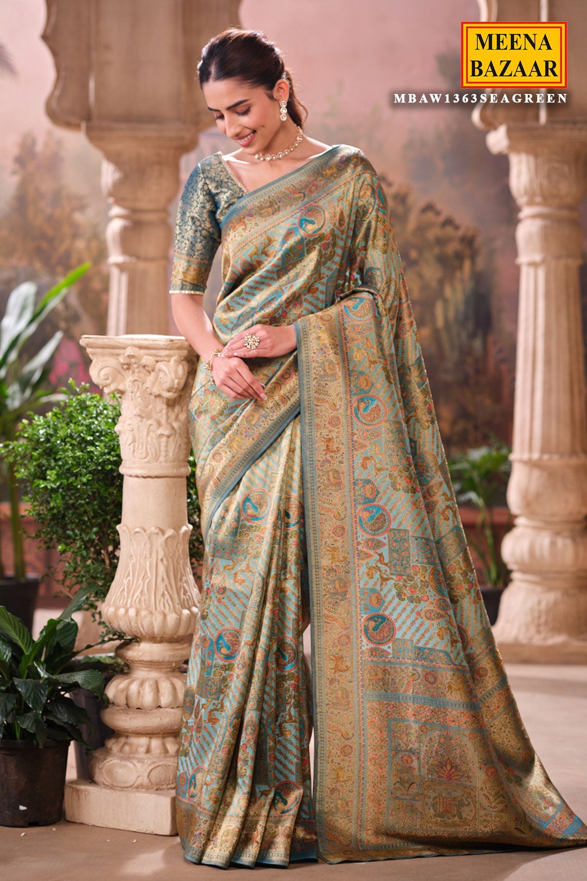 Elegant Sea Green Silk Saree with Intricate Weaving Work