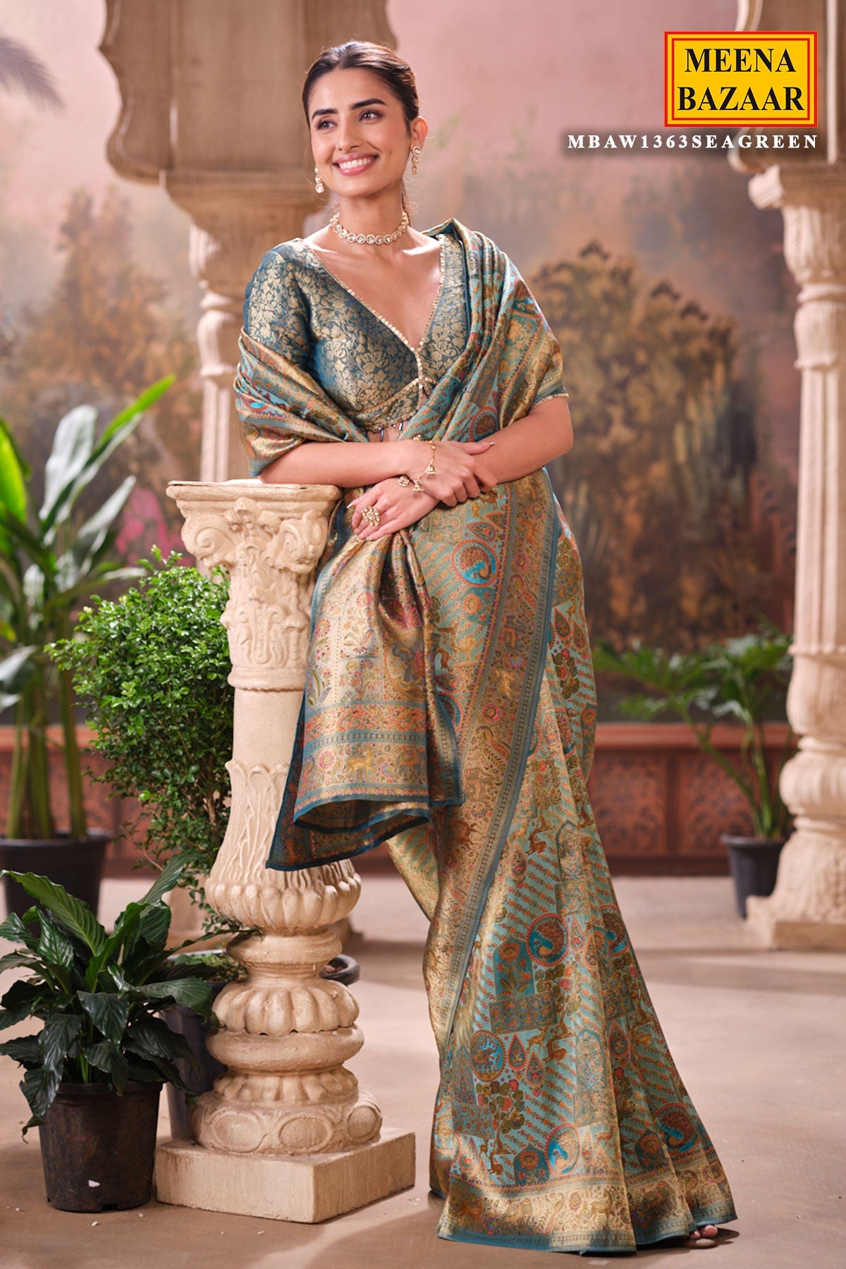 Elegant Sea Green Silk Saree with Intricate Weaving Work