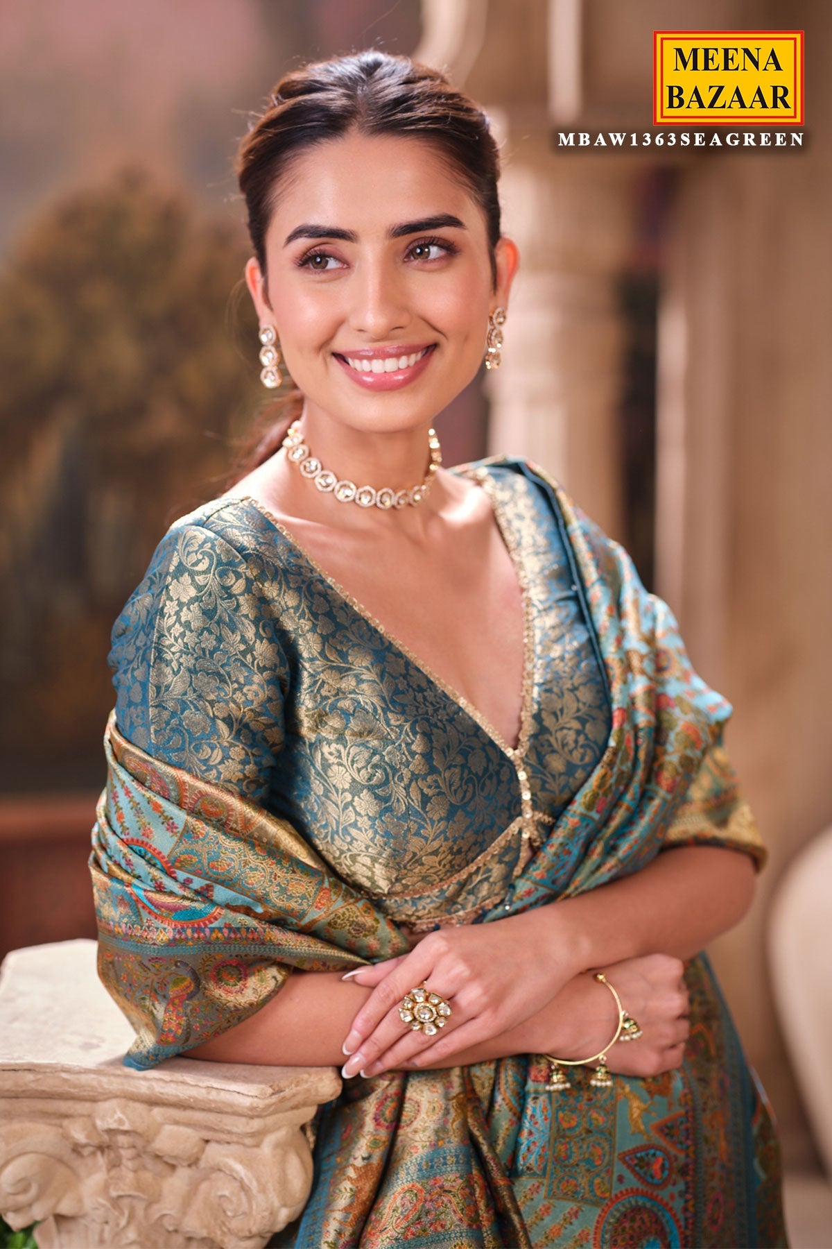 Elegant Sea Green Silk Saree with Intricate Weaving Work