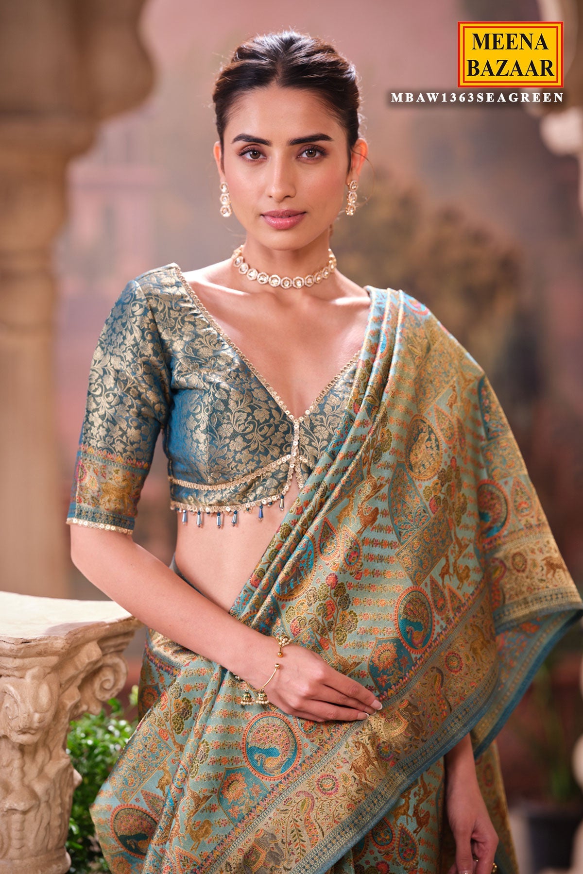 Elegant Sea Green Silk Saree with Intricate Weaving Work