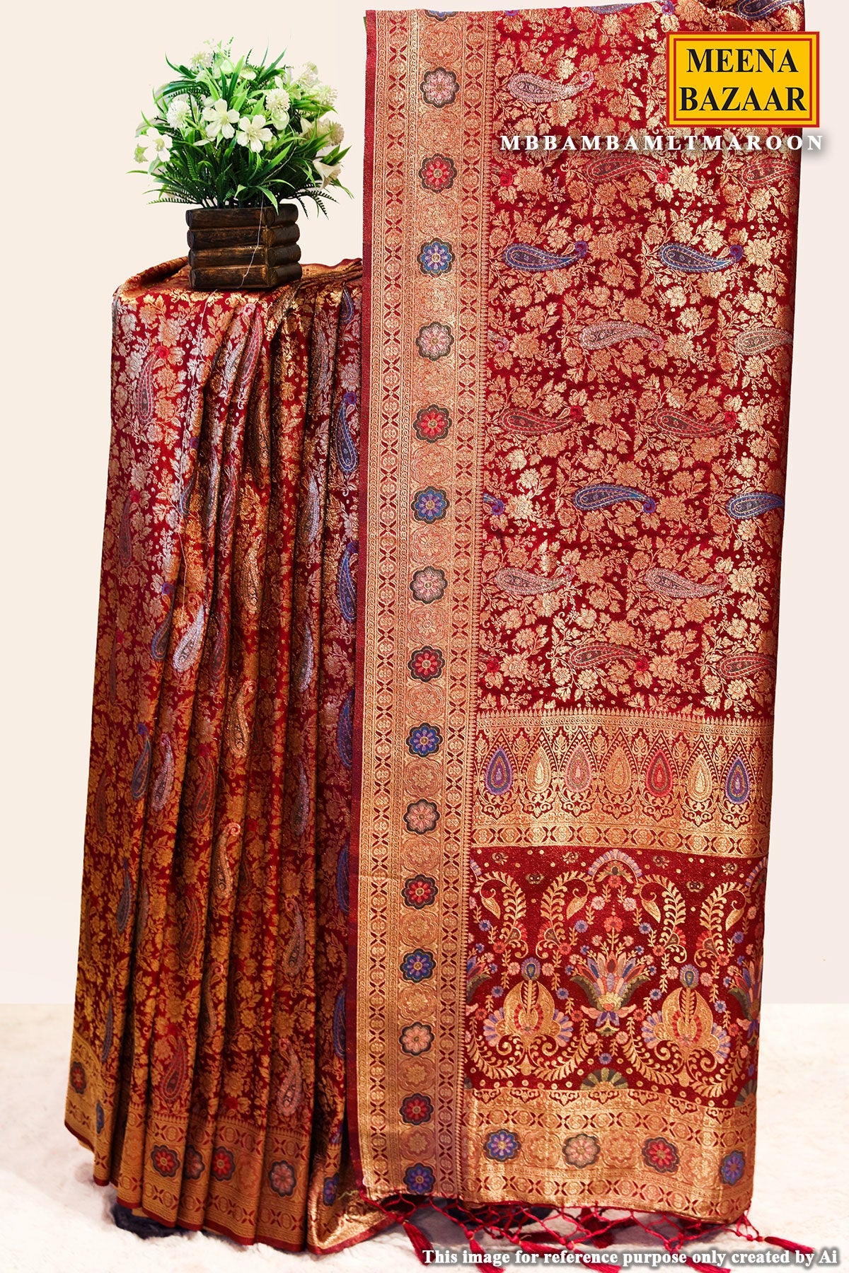 Bam Bam Maroon Silk Weaving Jaal Saree