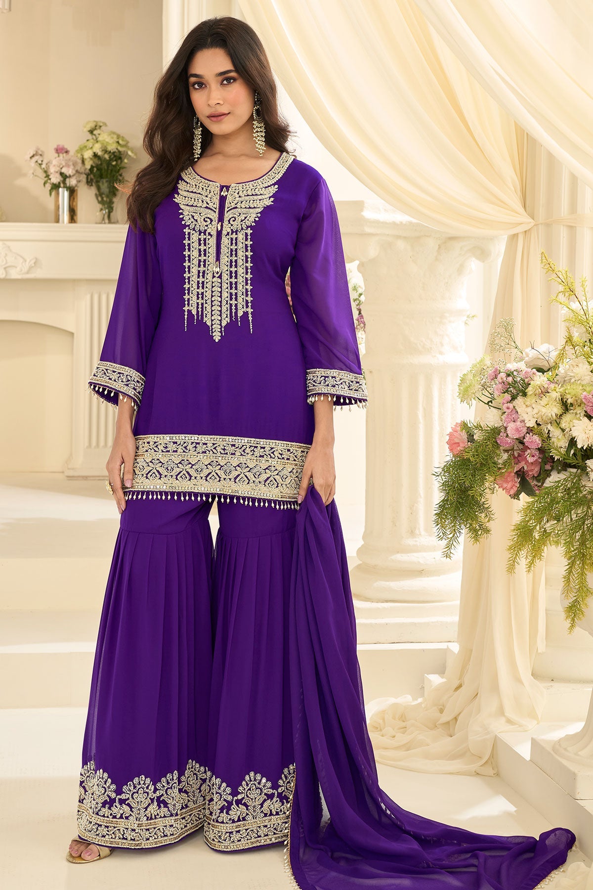 Purple Georgette Straight Sharara Suit with Embroidery