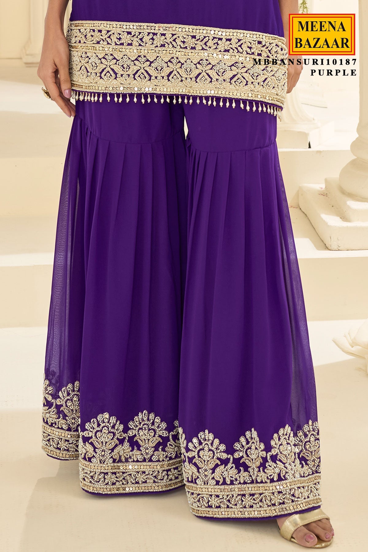 Purple Georgette Straight Sharara Suit with Embroidery