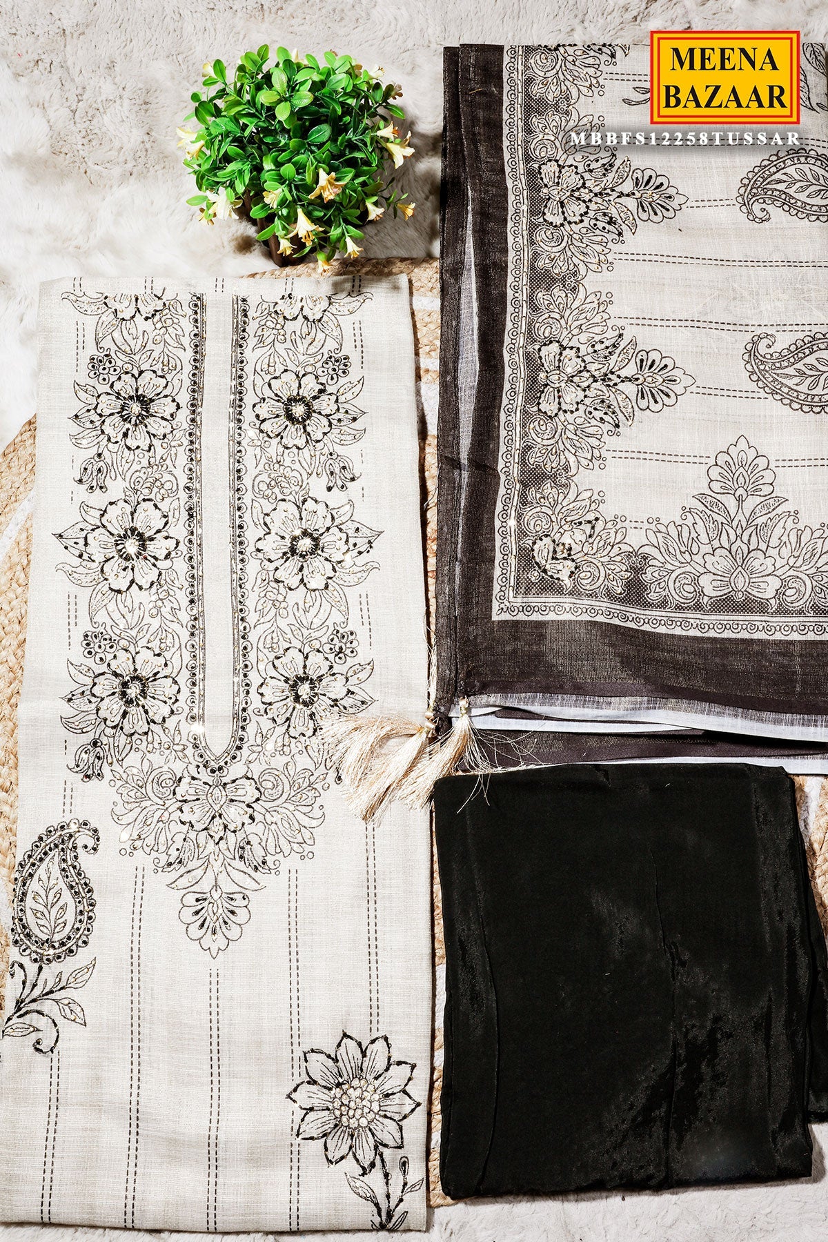 Tussar Cotton Unstitched Suit with Elegant Embroidery