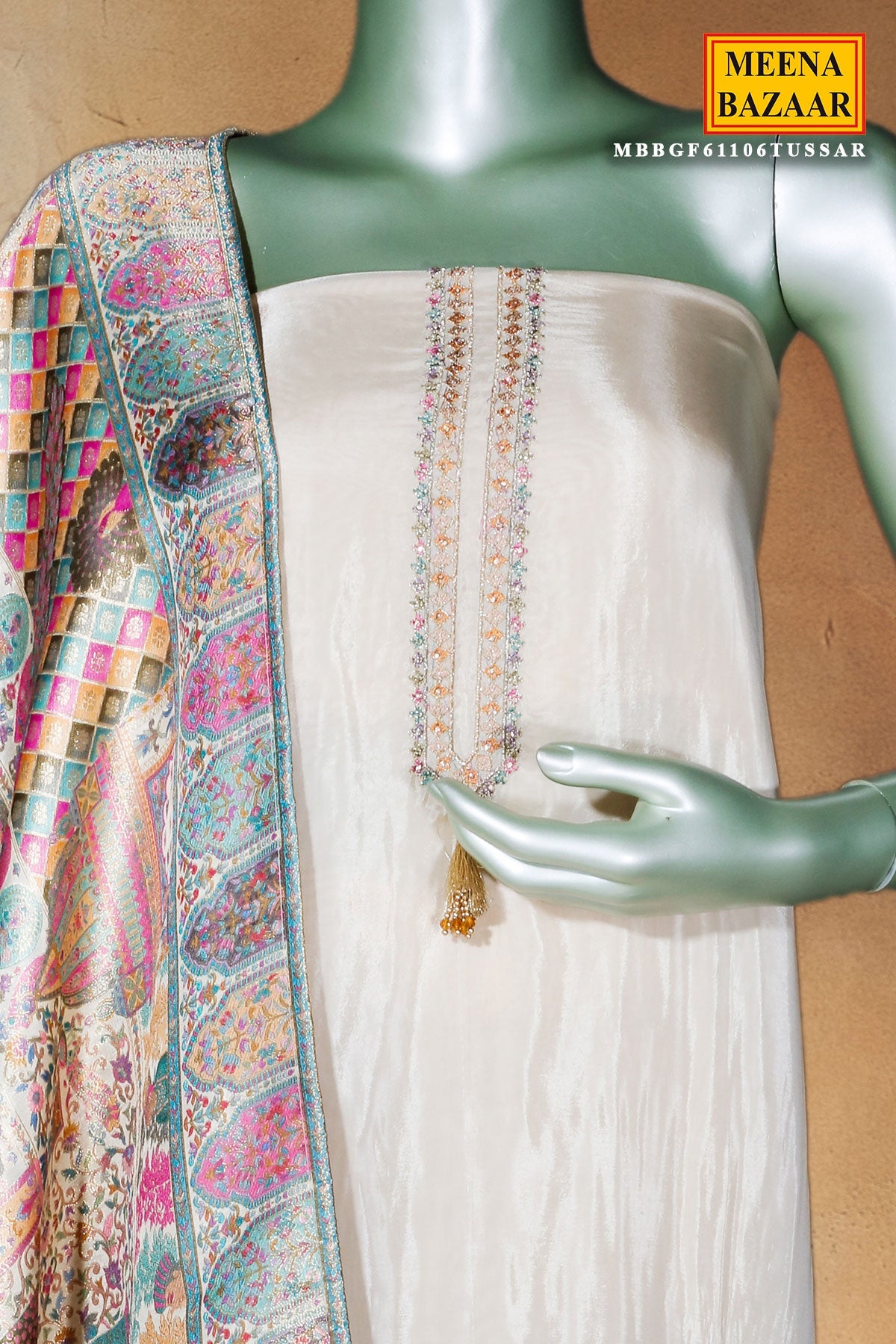 Tussar Crepe Unstitched Suit with Embroidery