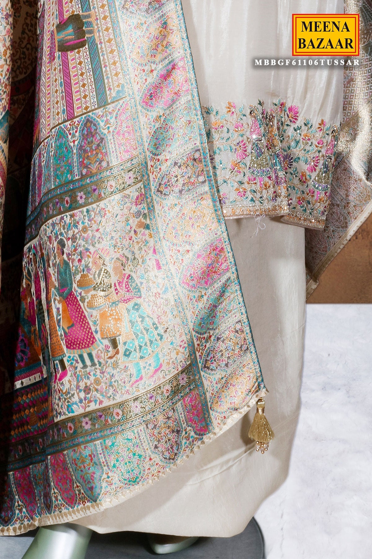 Tussar Crepe Unstitched Suit with Embroidery