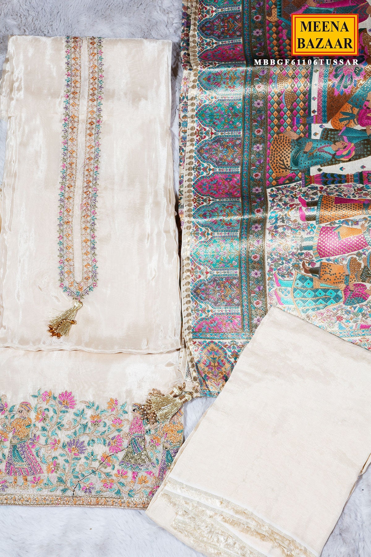 Tussar Crepe Unstitched Suit with Embroidery
