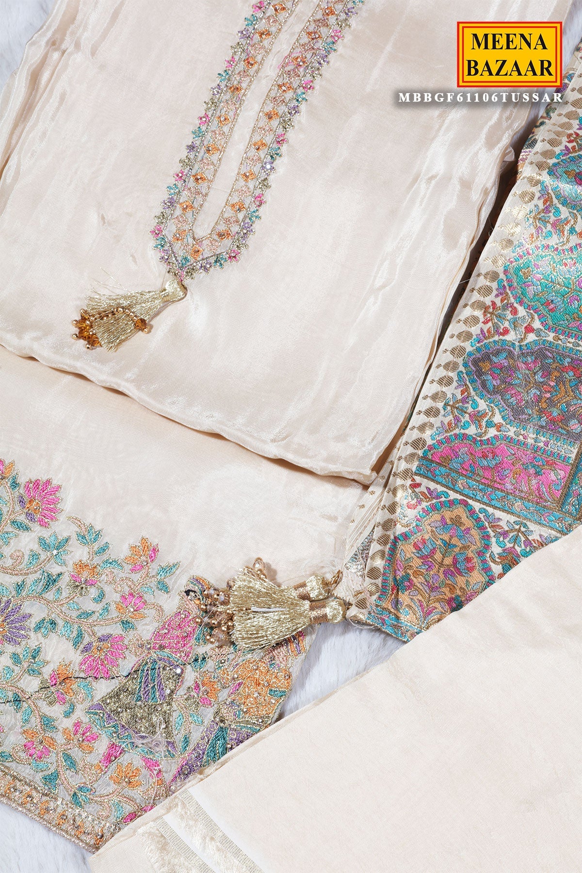 Tussar Crepe Unstitched Suit with Embroidery