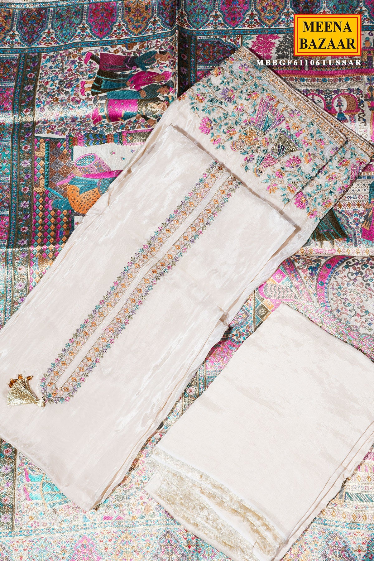Tussar Crepe Unstitched Suit with Embroidery