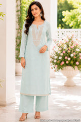 Firozi Chanderi Suit Piece with Neck Embroidery