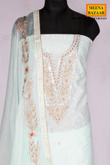 Firozi Chanderi Suit Piece with Neck Embroidery