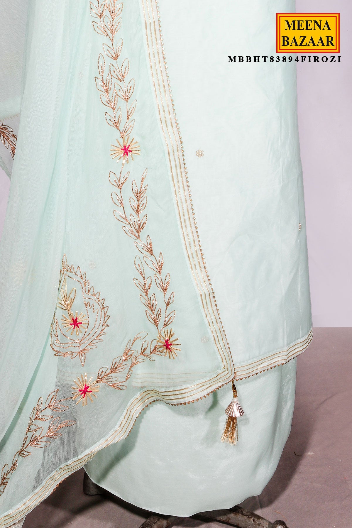 Firozi Chanderi Suit Piece with Neck Embroidery