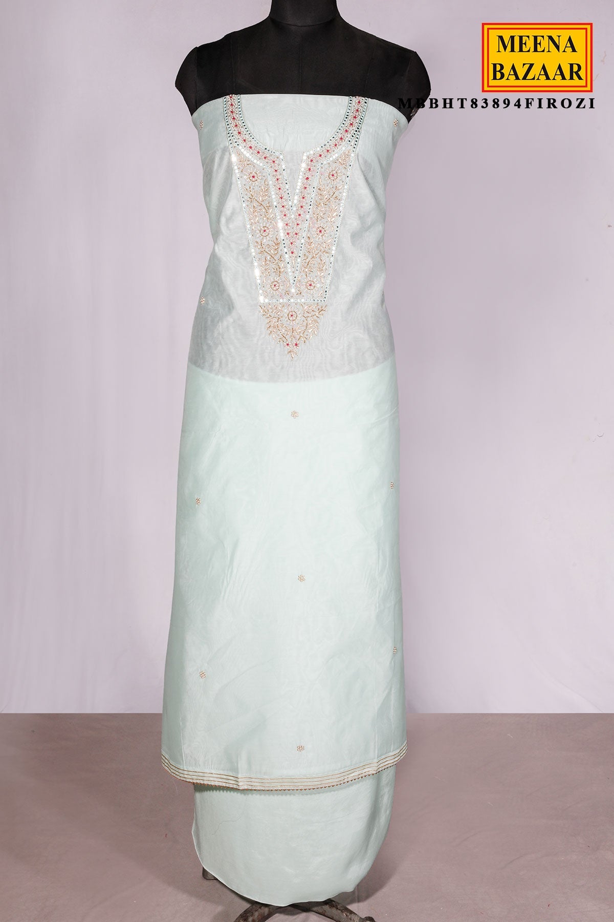 Firozi Chanderi Suit Piece with Neck Embroidery