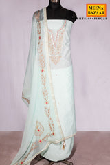 Firozi Chanderi Suit Piece with Neck Embroidery