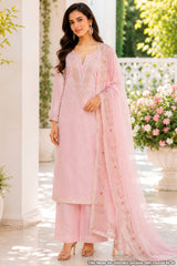 Pink Chanderi Suit Piece with Neck Embroidery