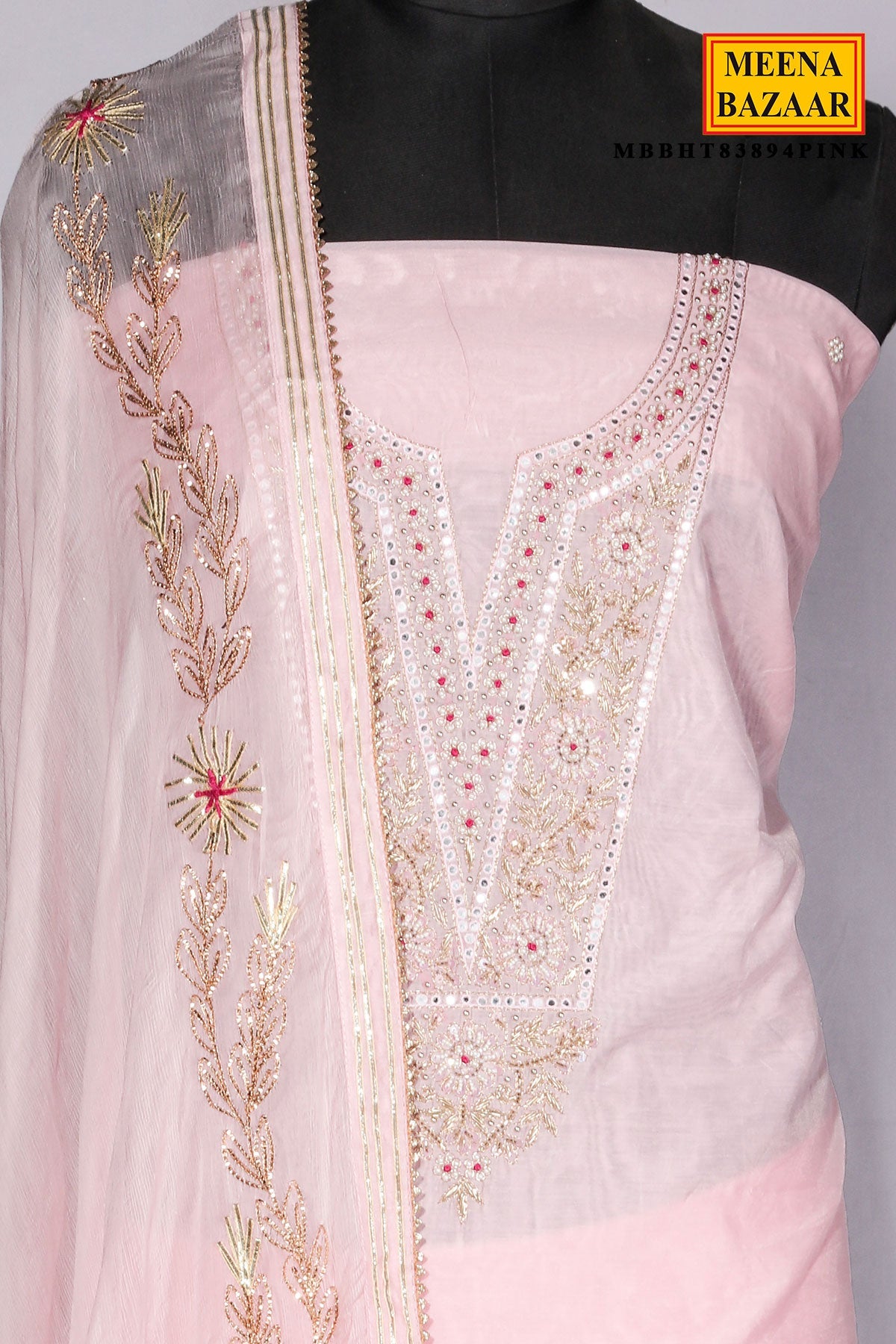 Pink Chanderi Suit Piece with Neck Embroidery