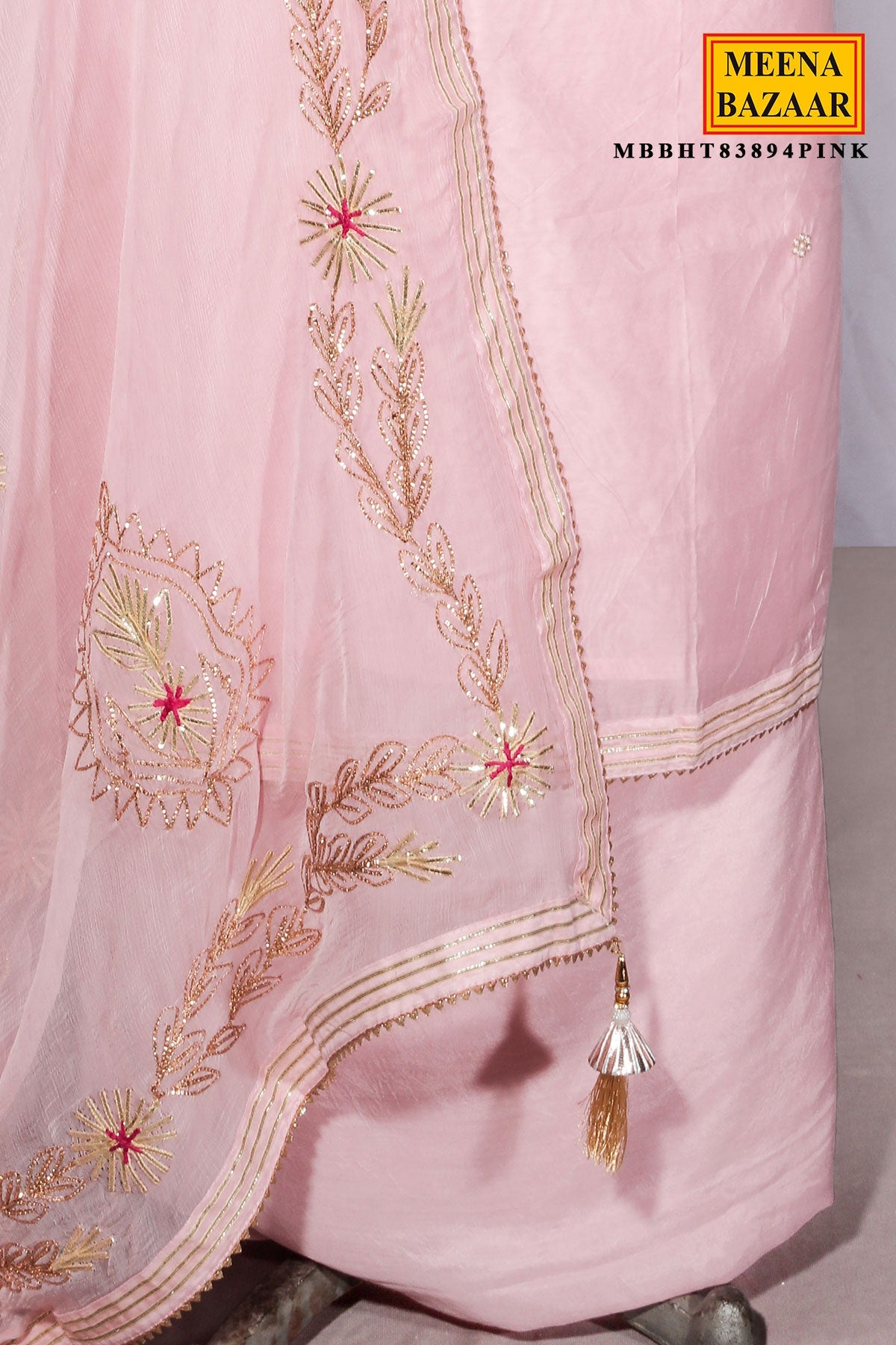 Pink Chanderi Suit Piece with Neck Embroidery