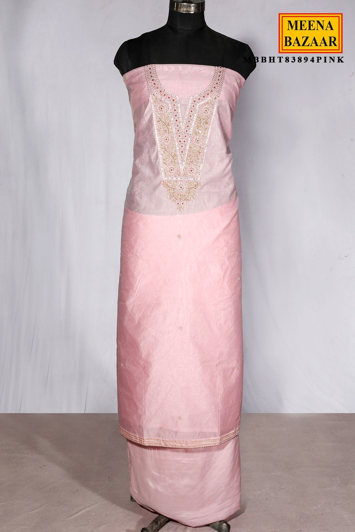 Pink Chanderi Suit Piece with Neck Embroidery