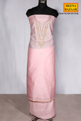 Pink Chanderi Suit Piece with Neck Embroidery