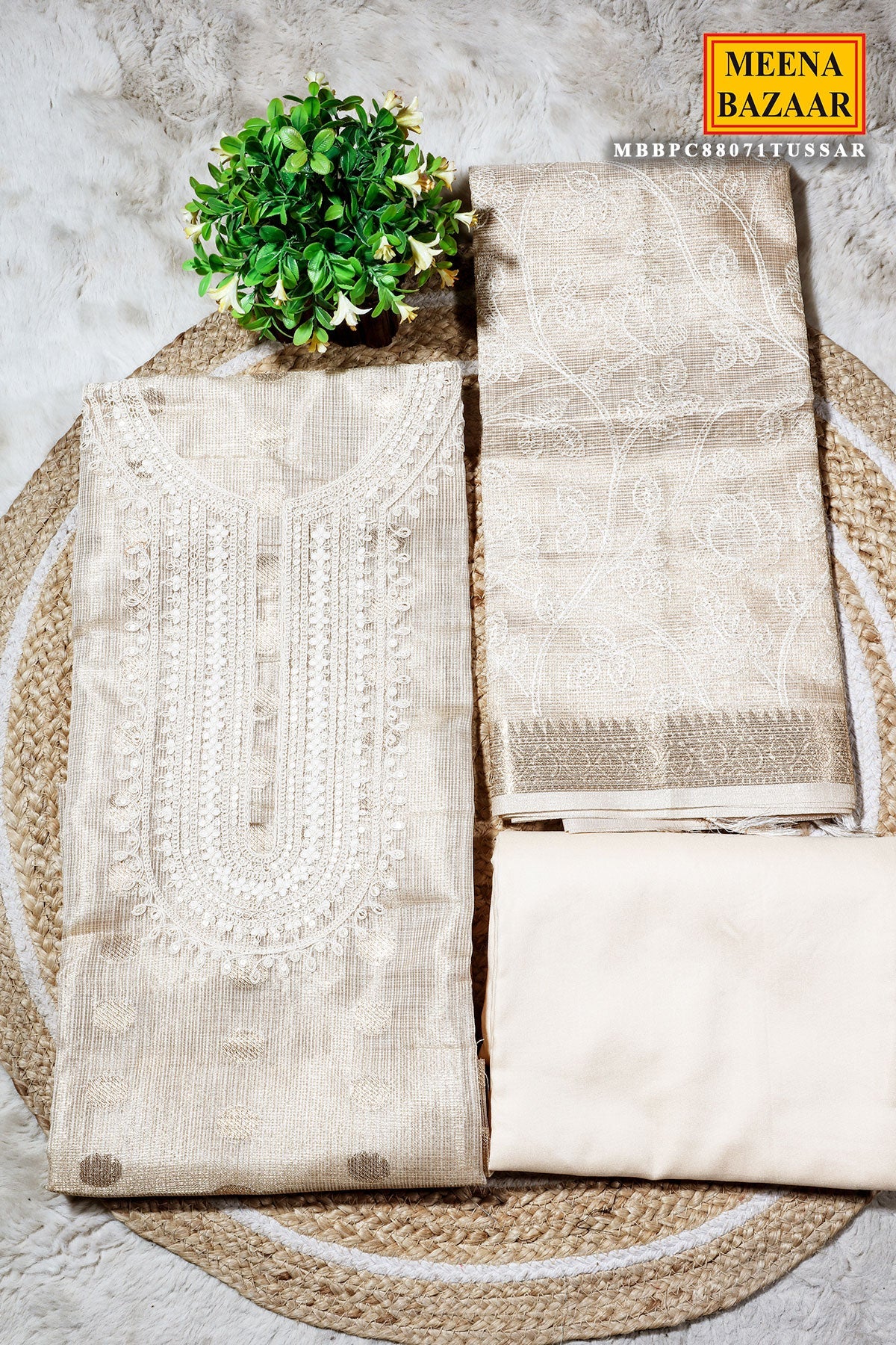 Tussar Cotton Unstitched Suit with Elegant Embroidery Work