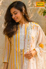 Mustard Striped Cotton Unstitched Kurta Set with Organza Dupatta
