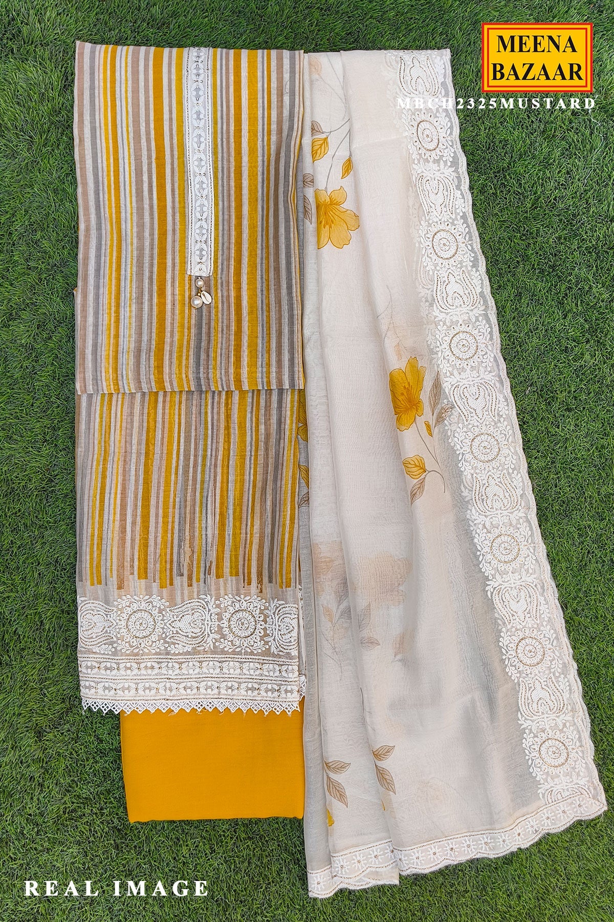 Mustard Striped Cotton Unstitched Kurta Set with Organza Dupatta