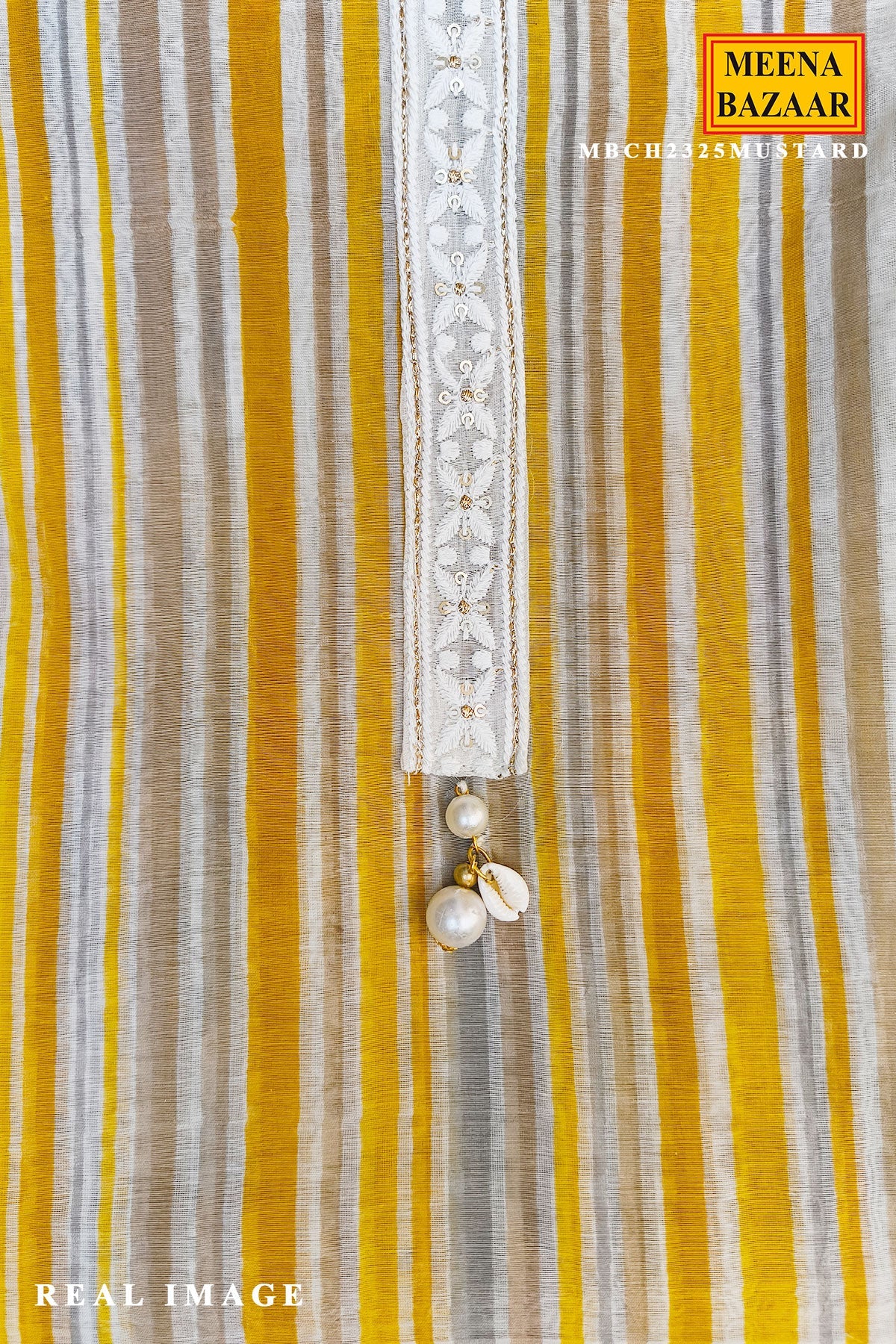 Mustard Striped Cotton Unstitched Kurta Set with Organza Dupatta