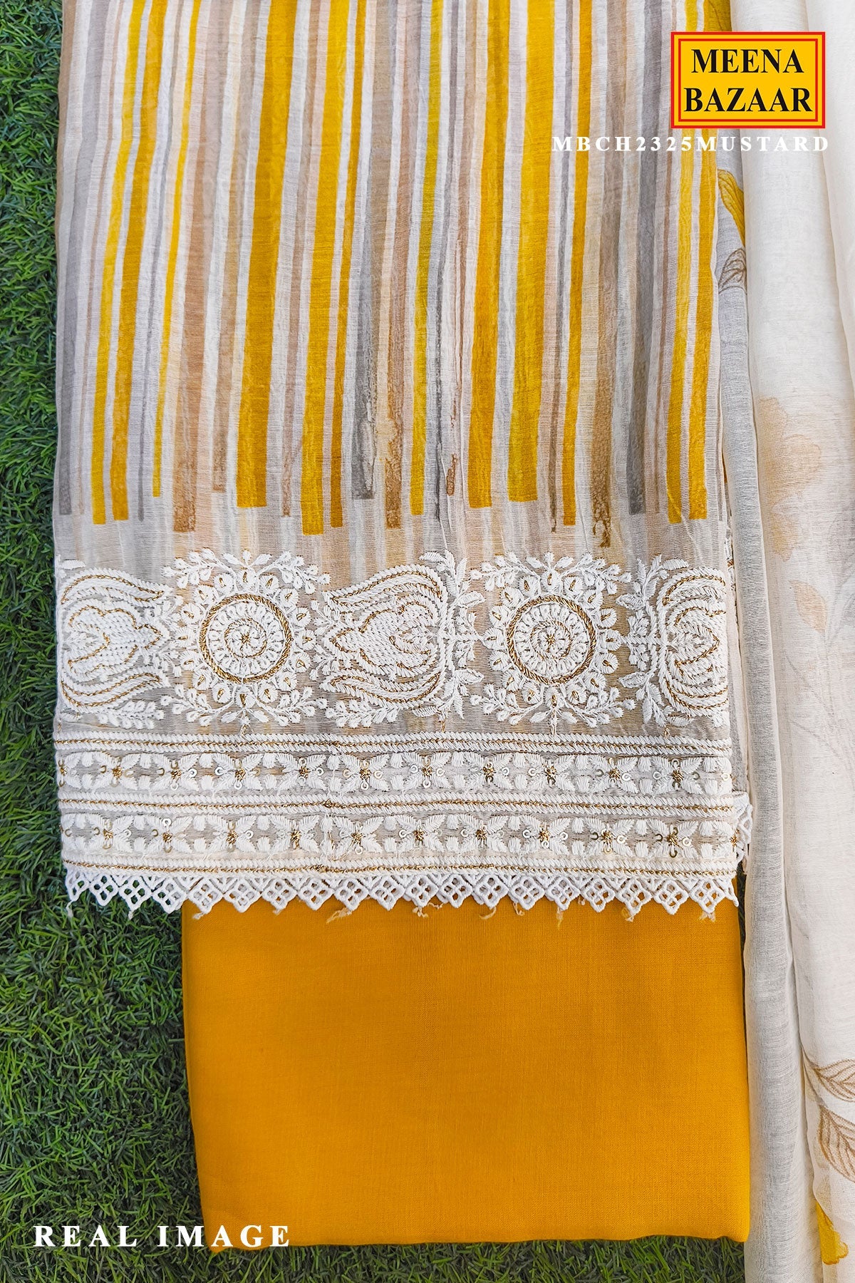 Mustard Striped Cotton Unstitched Kurta Set with Organza Dupatta