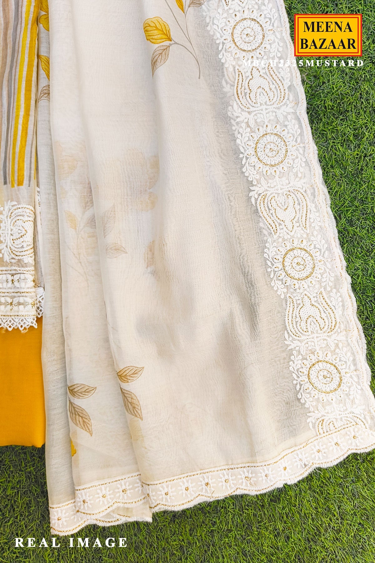 Mustard Striped Cotton Unstitched Kurta Set with Organza Dupatta