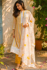 Mustard Striped Cotton Unstitched Kurta Set with Organza Dupatta