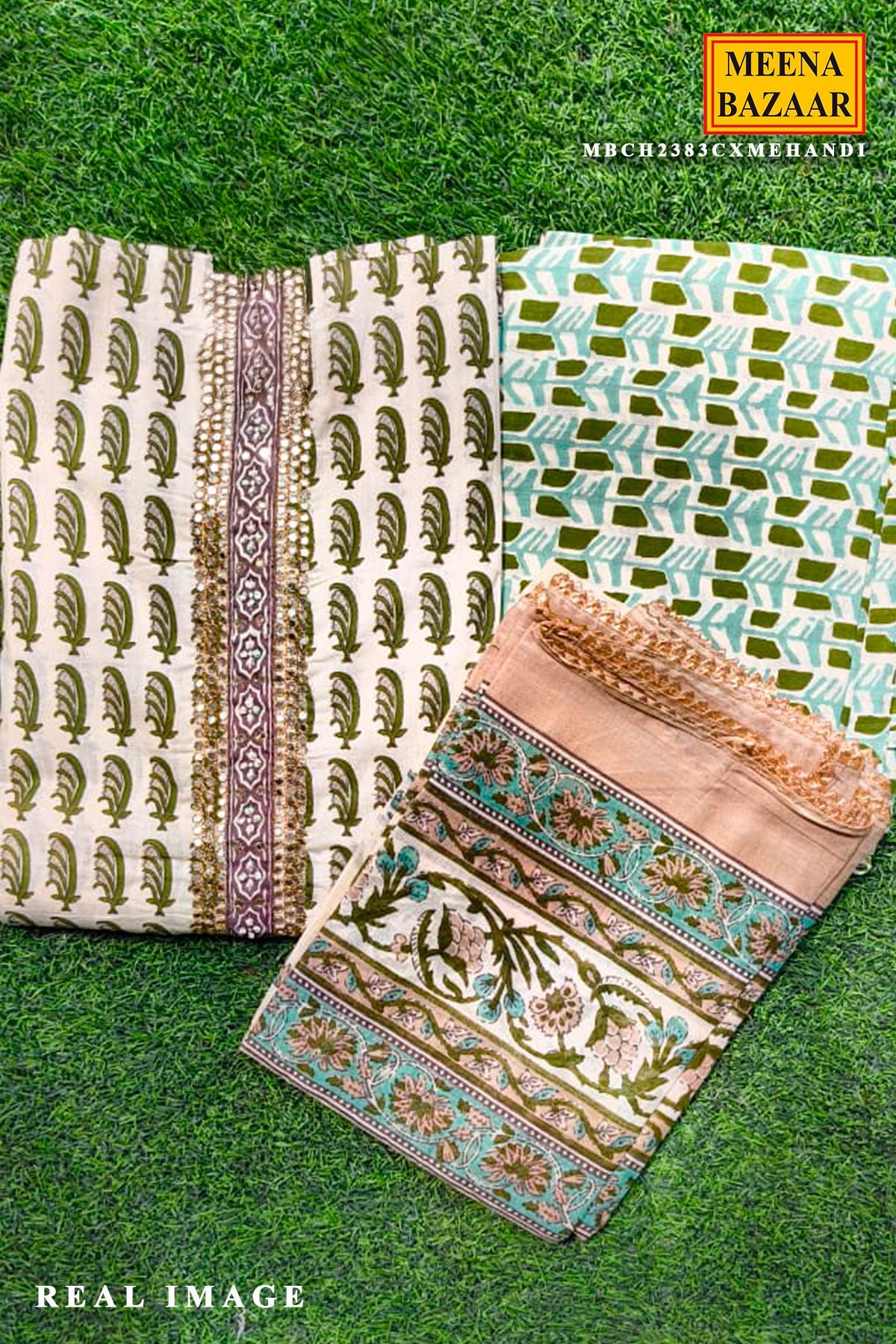 Mehandi Cotton Embroidered Unstitched Suit Set