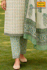 Mehandi Cotton Embroidered Unstitched Suit Set
