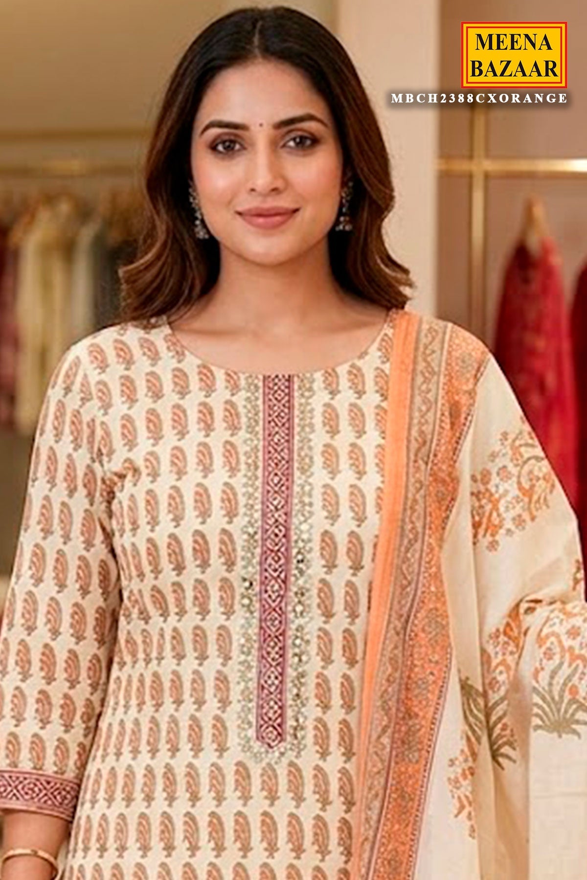 Orange Cotton Embroidered Unstitched Suit Set