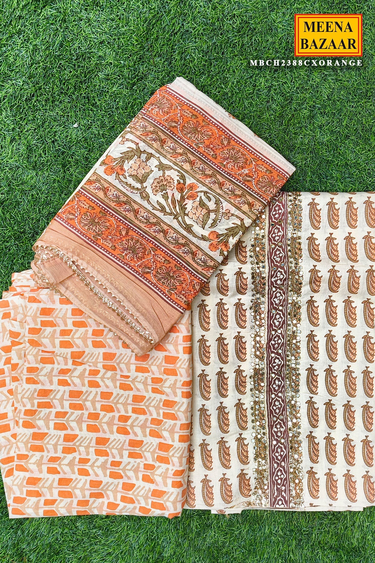 Orange Cotton Embroidered Unstitched Suit Set