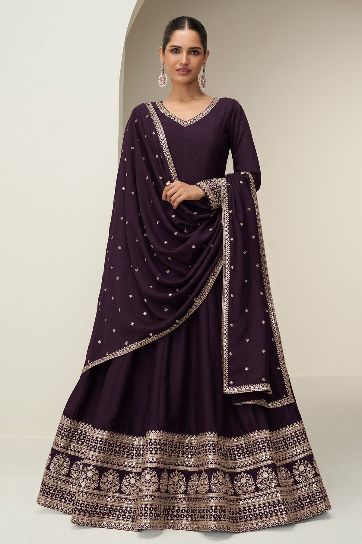 Wine Embroidered Anarkali with Dupatta Suit Elegant Festive & Ethnic Wear